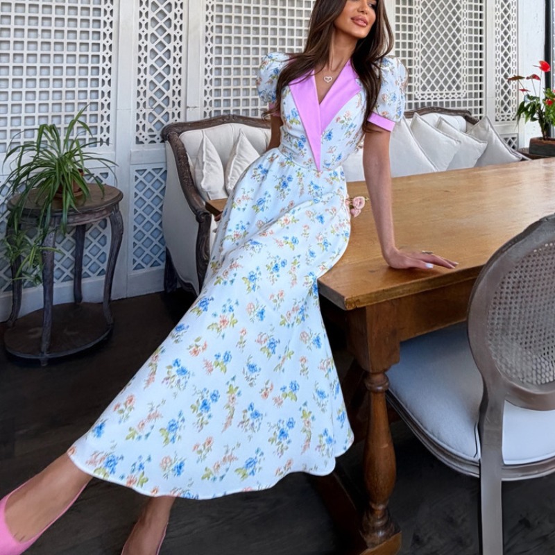 French Vintage Floral Midi Dress - Gaun Midi Korset Motif Bunga Musim