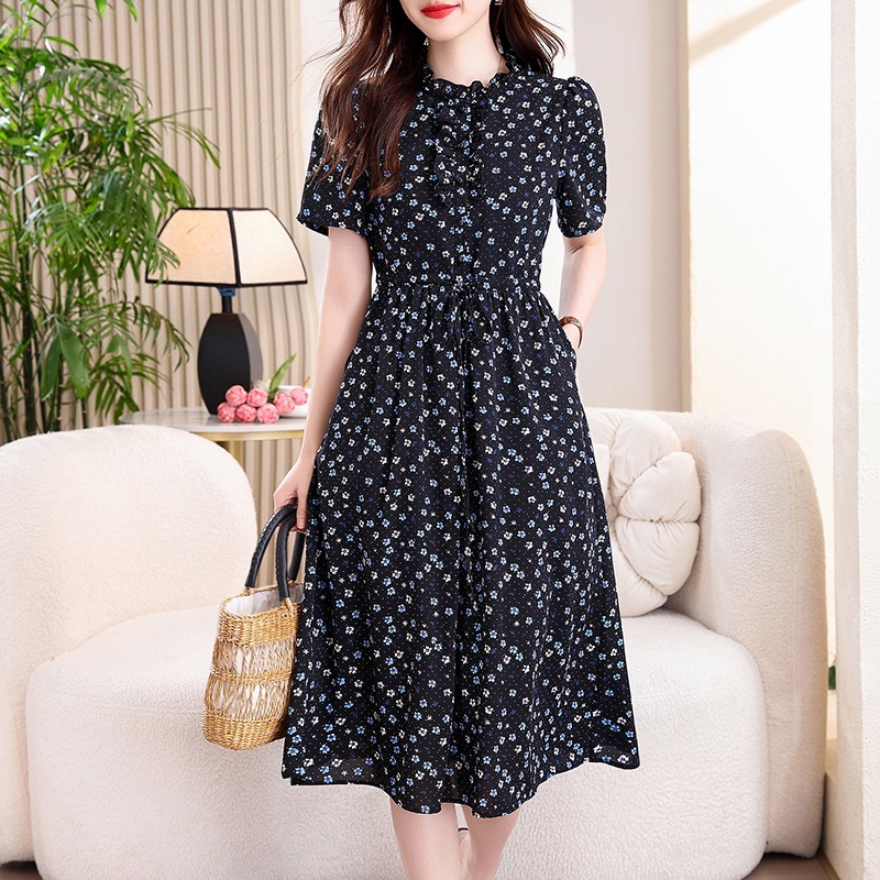 French Vintage Floral Midi Dress - Gaun Midi Motif Bunga Biru Navy