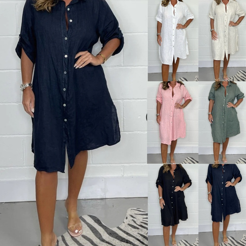 Gaun kemeja lengan 3/4 berbaha - Casual Loose Linen Shirt Dress ulasan dan harga