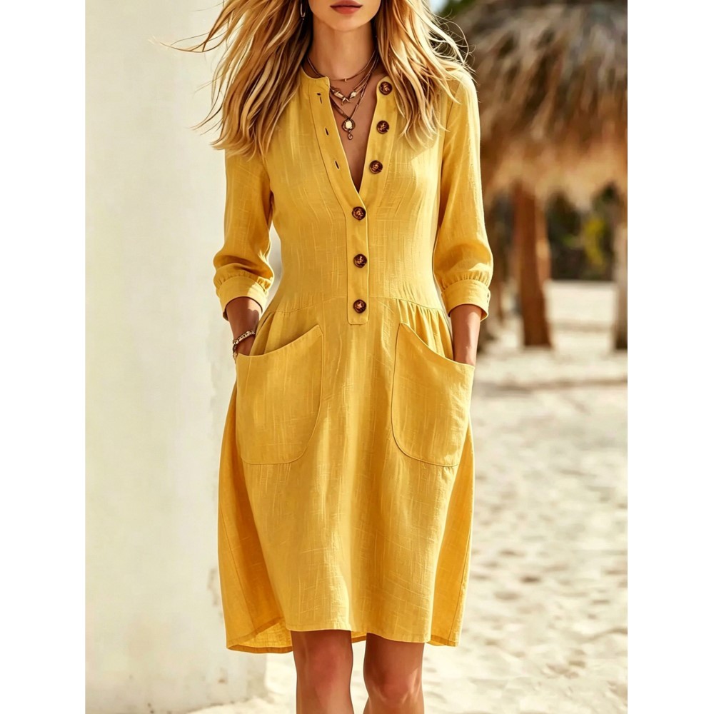 Gaun Kemeja Wanita Lengan 7/4  - Casual Loose Linen Shirt Dress ulasan dan harga