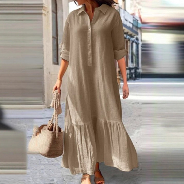 Gaun Panjang Asimetris Katun d - Casual Loose Linen Shirt Dress ulasan dan harga