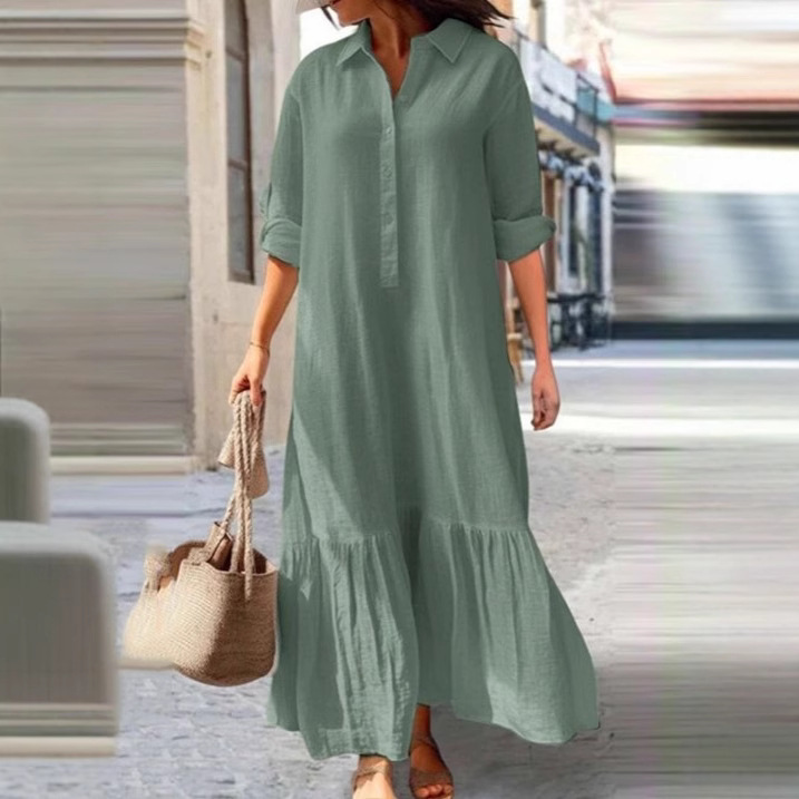 Gaun Panjang Asimetris Katun d - Casual Loose Linen Shirt Dress ulasan dan harga