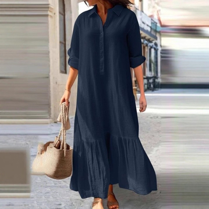 Gaun Panjang Asimetris Katun d - Casual Loose Linen Shirt Dress ulasan dan harga