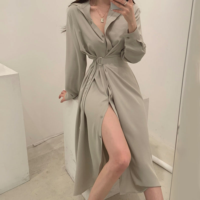 Gaun Gaya Kemeja Kerah Lengan  - Korean Style A Line Shirt Dress ulasan dan harga