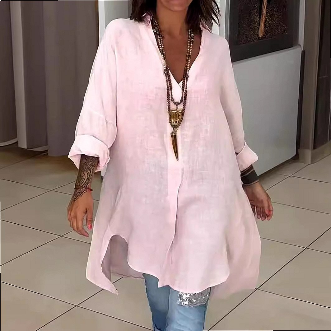 Gaun Kemeja Linen Wanita, Mode - Casual Loose Linen Shirt Dress ulasan dan harga