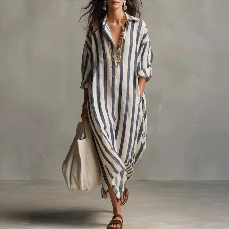 Gaun Linen Kerah Turun Elegan, - Casual Loose Linen Shirt Dress ulasan dan harga