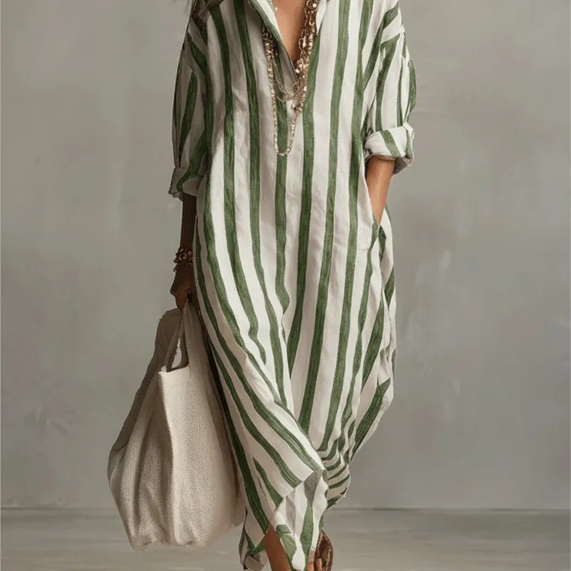 Gaun Linen Kerah Turun Elegan, - Casual Loose Linen Shirt Dress ulasan dan harga