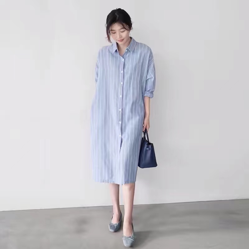 Gaun Kemeja Bergaris Biru Wani - Korean Style A Line Shirt Dress ulasan dan harga